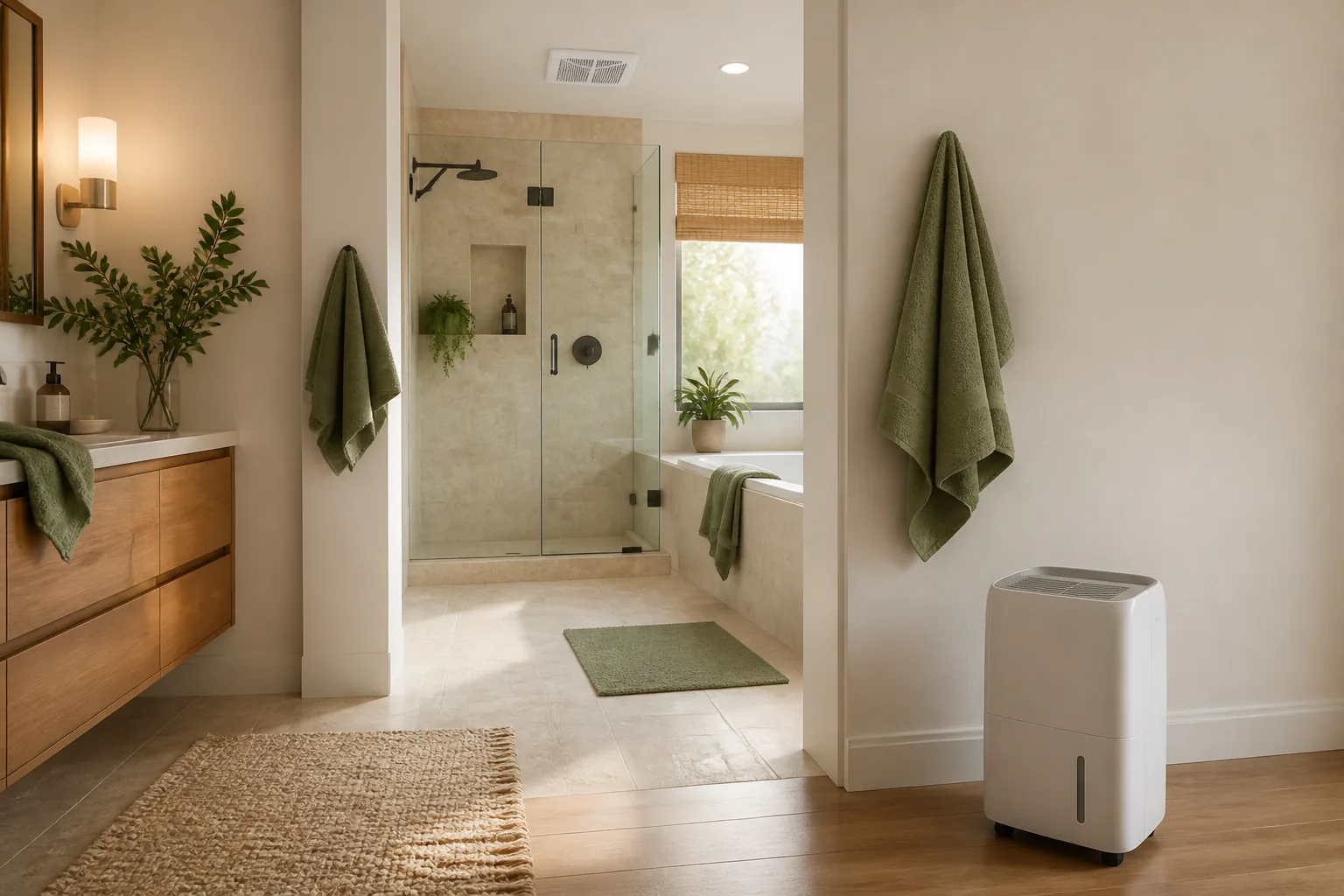 Exhaust fan and portable dehumidifier outside the bathroom splash zone