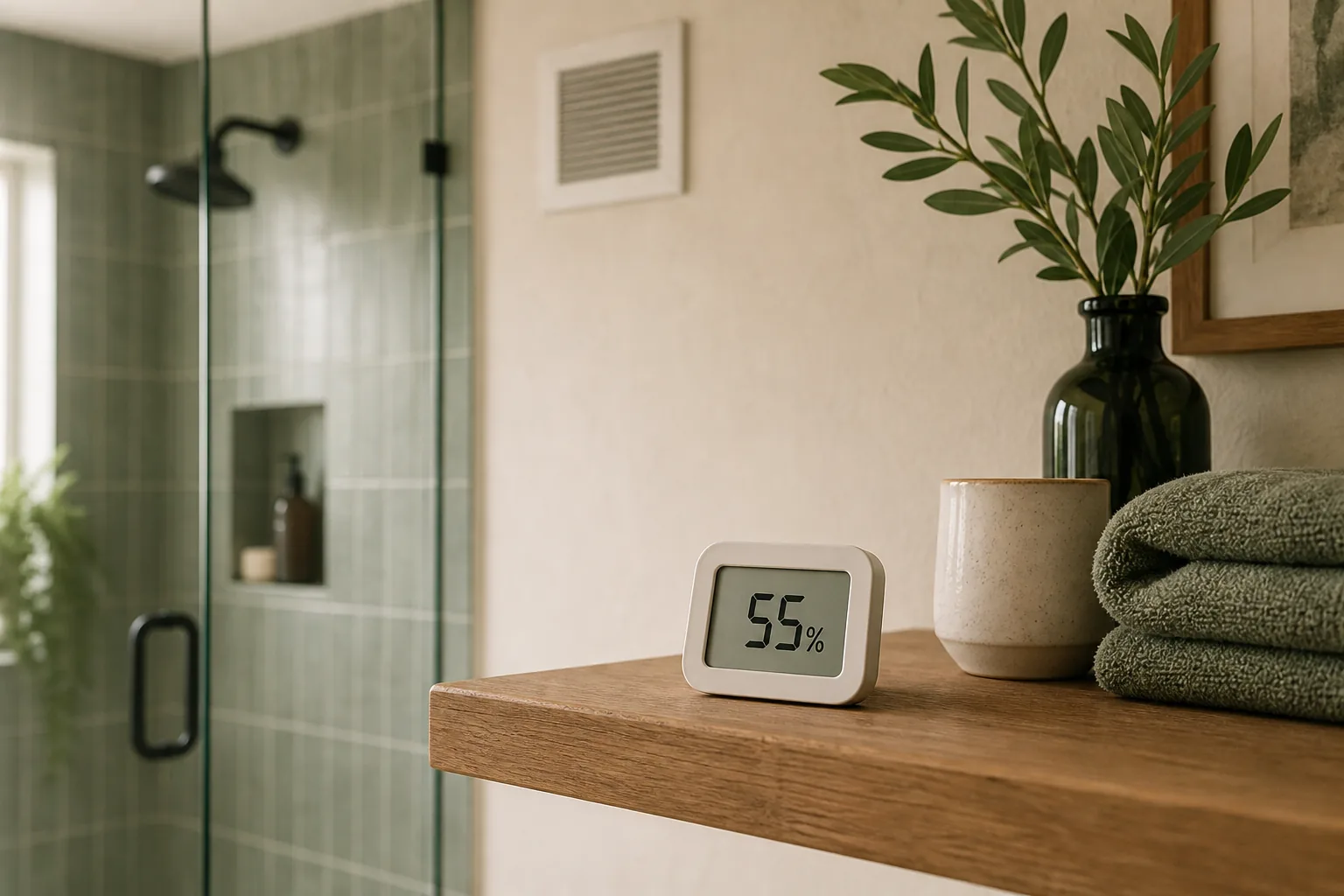 Digital hygrometer on a dry bathroom shelf