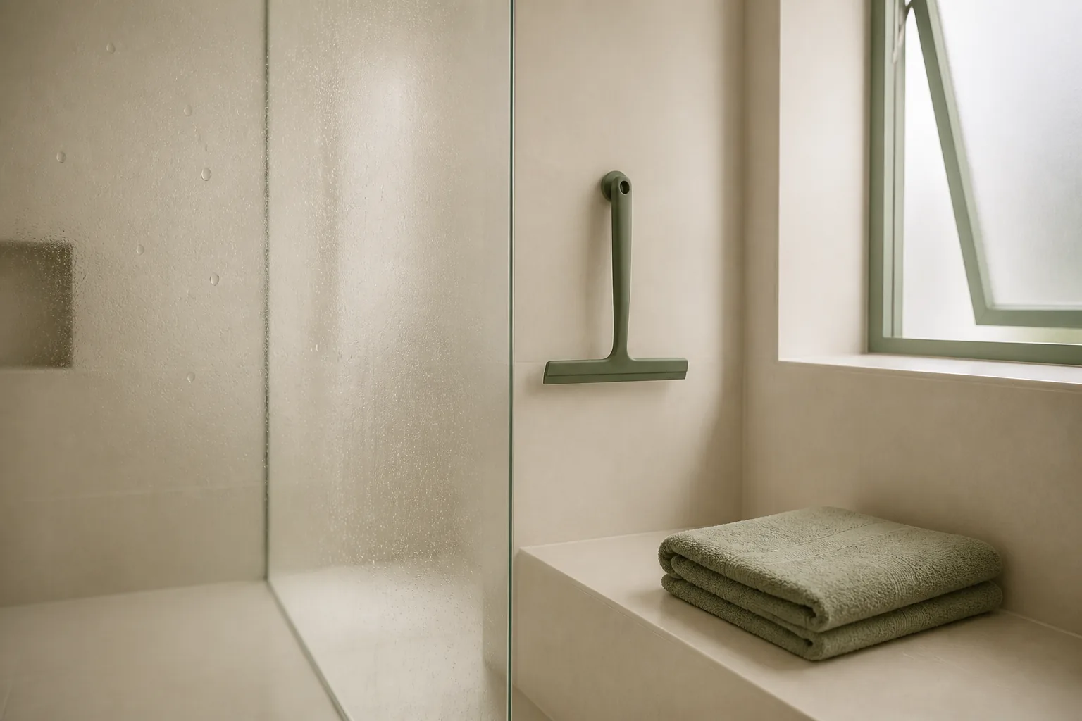 Condensation on a glass shower door beside a squeegee, open window and drying towel